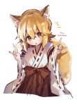  1girl absurdres animal_ear_fluff animal_ears bangs blonde_hair blush brown_eyes brown_hakama double_fox_shadow_puppet eyebrows_visible_through_hair fox_ears fox_girl fox_shadow_puppet fox_tail hair_between_eyes hakama hands_up highres japanese_clothes kimono long_sleeves notice_lines ribbon-trimmed_sleeves ribbon_trim senko_(sewayaki_kitsune_no_senko-san) sewayaki_kitsune_no_senko-san signature simple_background sofra solo tail twitter_username white_background white_kimono wide_sleeves 