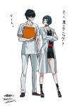  1boy 1girl alternate_costume amamiya_ren bangs belt black_dress black_footwear black_hair btmr_game choker crossed_arms dress gladiator_sandals glasses high_heels holding jewelry labcoat lips necklace nurse pants persona persona_5 red_eyes sandals short_hair short_sleeves simple_background standing studded_choker takemi_tae translation_request uniform white_background 