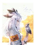  1girl arknights armband bangs bird book border bracelet breasts commentary_request feather_hair from_side grey_jacket hair_flaps hair_ornament hairclip highres holding holding_book hood hooded_jacket jacket jewelry long_hair long_sleeves medium_breasts nejikyuu orange_eyes outside_border owl parted_lips profile ptilopsis_(arknights) rhine_lab_logo signature upper_body white_border white_hair x_hair_ornament 