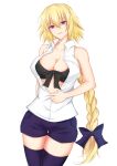  1girl bangs bare_arms bare_shoulders black_bra blonde_hair bow bra braid breasts collarbone commentary_request commission cowboy_shot eyebrows_visible_through_hair fate/apocrypha fate_(series) hair_between_eyes hair_bow head_tilt jeanne_d&#039;arc_(fate) jeanne_d&#039;arc_(fate)_(all) large_breasts long_braid long_hair looking_at_viewer parted_lips piro_(prwtrs) purple_bow purple_legwear purple_shorts shirt short_shorts shorts simple_background skeb_commission sleeveless sleeveless_shirt smile solo standing thigh-highs thighs underwear very_long_hair violet_eyes white_background white_shirt 