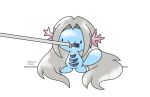  final_fantasy final_fantasy_vii gen_2_pokemon highres long_hair mana-chan mouth_hold no_humans pokemon pokemon_(creature) sephiroth simple_background solo super_smash_bros. sword twitter_username weapon white_background white_hair wooper 