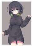  1girl bangs black_hair black_sweater blue_eyes breasts closed_mouth commentary_request dress eyebrows_visible_through_hair grey_background hair_between_eyes hand_up headphones headphones_around_neck highres kyoumachi_seika long_sleeves looking_at_viewer medium_breasts milkpanda sleeves_past_wrists smile solo sweater sweater_dress two-tone_background voiceroid white_background 