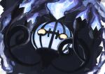  artist_name blank_eyes blue_background blue_fire chandelure commentary english_commentary fire floating full_body gen_5_pokemon happy highres ikei mixed-language_commentary no_humans pokemon pokemon_(creature) signature simple_background solo yellow_eyes 