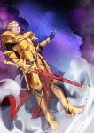  1boy absurdres armor blonde_hair clouds dutch_angle ea_(fate/stay_night) earrings fate/stay_night fate_(series) full_armor full_body gilgamesh gold_armor gouichi hair_up highres jewelry male_focus red_eyes sky smoke solo standing star_(sky) starry_sky sword weapon 