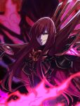  1girl black_bodysuit bodysuit breasts cape chain close-up fate/grand_order fate_(series) fire hair_over_one_eye kamuify long_hair looking_at_viewer oda_nobunaga_(fate)_(all) oda_nobunaga_(maou_avenger)_(fate) oda_uri purple_fire red_cape red_eyes redhead skeleton solo 