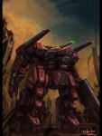  bottoms1237 dust glowing glowing_eyes green_eyes gun highres holding holding_gun holding_weapon looking_up mecha no_humans open_hand original science_fiction shoulder_cannon solo weapon 