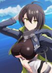  1girl ahoge arm_behind_head arm_up azur_lane baltimore_(azur_lane) bangs blue_coat blue_sky braid breasts brown_hair center_opening clothing_cutout clouds coat commentary_request cowboy_shot day eyebrows_visible_through_hair faulds french_braid gloves groin hair_between_eyes highres hood hood_down hooded_coat large_breasts long_sleeves looking_at_viewer makiri_akira multicolored_coat navel ocean outdoors short_hair sidelocks sky smile solo standing taut_clothes under_boob underboob_cutout visor_(armor) white_gloves yellow_eyes 