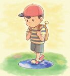  1boy backpack bag baseball_bat baseball_cap black_eyes black_hair full_body hat looking_down male_focus mother_(game) mother_2 ness_(mother_2) red_headwear shirt shoes shorts simple_background socks solo striped striped_shirt t-shirt tsubobot walking 