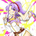  1girl armor belt dress fingerless_gloves fire_emblem fire_emblem:_genealogy_of_the_holy_war gloves hairband jewelry long_hair one_eye_closed ponytail purple_hair ring shoulder_armor smile solo solo_focus tailtiu_(fire_emblem) v violet_eyes yukia_(firstaid0) 