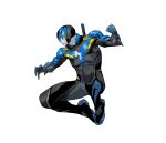  1boy batman_(series) clenched_hand dan_mora highres jumping looking_down nightwing open_hand redesign solo superhero tokusatsu white_background 