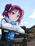  1girl against_railing arm_rest bangs blue_scarf blue_sky blue_vest blush brick_wall building clouds crossed_arms fence hair_ribbon highres kazuno_leah leaning_forward long_sleeves looking_at_viewer love_live! love_live!_sunshine!! nail_polish outdoors plaid plaid_scarf purple_hair ribbon scarf school_uniform shirt sky smile snow snowing solo stairs tree twintails upper_body vest violet_eyes white_ribbon white_shirt yopparai_oni 