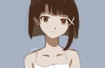  1girl absurdres asymmetrical_hair brown_eyes brown_hair closed_mouth hair_ornament hairclip highres iwakura_lain looking_at_viewer serial_experiments_lain short_hair simple_background solo x_hair_ornament yumogema_now 