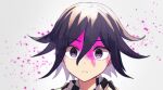  1boy bangs black_hair blood blood_on_face checkered checkered_scarf commentary_request dangan_ronpa face frown grey_background hair_between_eyes looking_at_viewer male_focus nanao_(nanao1023) new_dangan_ronpa_v3 ouma_kokichi petals purple_hair scarf shiny shiny_hair short_hair simple_background solo violet_eyes 
