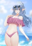  1girl alternate_costume bikini bikini_bottom blue_eyes blue_hair elf english_commentary ex-trident eyewear_on_head highres indie_virtual_youtuber leaning_back long_pointy_ears looking_at_viewer navel off-shoulder_bikini off_shoulder open_mouth pink_bikini pointy_ears rae_laviere smile solo summer sunglasses swimsuit tied_hair virtual_youtuber 