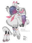  1girl astronaut backpack bag black_legwear boots copyright_request hand_up highres juliet_sleeves long_sleeves neckerchief pantyhose pink_neckwear puffy_sleeves randoseru sankomichi simple_background solo space_helmet translation_request white_background 