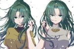  green_eyes green_hair hair_ribbon hand_in_hair higurashi_no_naku_koro_ni ponytail ribbon shirt siblings side-by-side sonozaki_mion sonozaki_shion twins white_background yellow_shirt yoshiki1020 