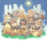  animal city crossed_legs drum flute grass guitar happy heisei_tanuki_gassen_ponpoko holding hug instrument moon music night no_humans open_mouth simple_background singing sitting tanuki tsubobot vest 