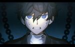  1boy amamiya_ren bangs black_border black_hair blue_eyes border btmr_game chain clenched_teeth dangan_ronpa hair_between_eyes highres letterboxed male_focus parody persona persona_5 school_uniform shuujin_academy_uniform signature solo style_parody sweat teeth upper_body 