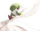  1girl artist_name bangs bare_shoulders bob_cut colored_skin commentary dress dutch_angle elbow_gloves flat_chest gardevoir gen_3_pokemon gloves green_hair hair_over_one_eye highres ikei jpeg_artifacts looking_to_the_side mega_gardevoir mega_pokemon open_mouth pokemon pokemon_(creature) red_eyes short_hair signature simple_background solo standing strapless strapless_dress white_background white_dress white_gloves white_skin 