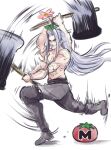 1boy absurdres black_pants comedy damenano104 final_fantasy final_fantasy_vii flower flower_on_head food hammer highres holding holding_hammer long_hair male_focus maxim_tomato motion_blur motion_lines pants sephiroth shirtless silver_hair simple_background smile solo super_smash_bros. tomato white_background