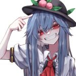  1girl ascot black_headwear blue_hair bright_pupils center_frills collared_shirt commentary_request eyebrows_visible_through_hair fall_dommmmmer food frills fruit grin hair_between_eyes hair_over_eyes hat head_tilt hinanawi_tenshi index_finger_raised leaf long_hair looking_at_viewer peach pointing pointing_at_self puffy_short_sleeves puffy_sleeves red_eyes red_neckwear shirt short_sleeves simple_background smile solo touhou upper_body white_background white_shirt 