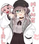  1girl bandaged_ear bespectacled black_choker black_ribbon brown_hair brown_skirt cabbie_hat choker glasses green_eyes grey_shirt hair_ribbon hand_in_pocket hand_up hat heart_pendant high-waist_skirt highres hololive jacket long_hair looking_at_viewer natsuiro_matsuri one_eye_closed open_clothes open_jacket open_mouth pendant_choker plaid pointing pointing_at_self rabbit ribbon shimaji_noma shirt simple_background skirt solo twintails wavy_hair white_background white_jacket 