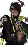  1boy aragami_ouga black_hair dark_skin dark_skinned_male eyepatch green_eyes hoe-l holostars horns looking_at_viewer male_focus open_mouth sharp_teeth short_hair simple_background single_horn smile teeth virtual_youtuber 