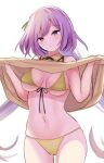  1girl amisu bikini breasts brown_dress closed_mouth cowboy_shot dress dress_lift front-tie_bikini front-tie_top highres lifted_by_self light_smile long_hair looking_at_viewer low_twintails medium_breasts navel purple_hair simple_background solo string_bikini swimsuit touhou tsukumo_benben twintails violet_eyes white_background yellow_bikini 