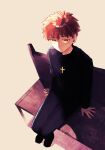  1boy brown_background cross cross_necklace emiya_shirou fate/stay_night fate_(series) full_body jewelry kani_seijin kotomine_shirou_(fanfic) looking_at_viewer male_focus necklace redhead simple_background sitting sitting_on_bench solo what_if yellow_eyes 