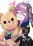  1boy 1girl absurdres ahoge bernadetta_von_varley birthday byleth_(fire_emblem) byleth_eisner_(male) closed_eyes dated english_text eyebrows_visible_through_hair fire_emblem fire_emblem:_three_houses garreg_mach_monastery_uniform gupunetsu heart highres object_hug open_mouth petting purple_hair short_hair simple_background solo_focus stuffed_animal stuffed_toy teddy_bear 