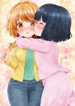  2girls :o absurdres amano_akari black_hair blush cheek_kiss closed_eyes commentary denim funoki heart highres hug huge_filesize jacket jeans kiss medium_hair multiple_girls natsuki_hinata open_mouth orange_eyes orange_hair pants shirt short_hair simple_background sparkle_background surprised tonari_no_kyuuketsuki-san yuri 