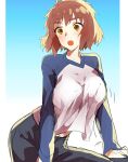  1girl asagi-so blush breasts brown_hair emiya_shirou fate/stay_night fate_(series) genderswap genderswap_(mtf) gradient gradient_background large_breasts leaning_forward looking_to_the_side raglan_sleeves shirt simple_background sitting sketch taut_clothes taut_shirt upper_body yellow_eyes 