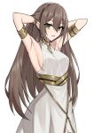  1girl adele_(fate) armlet armpits arms_behind_head arms_up bangs bare_shoulders breasts brown_hair dress elfenlied22 fate/grand_order fate_(series) green_eyes hair_between_eyes highres jewelry long_hair looking_at_viewer medium_breasts neck_ring parted_lips sideboob simple_background underbust very_long_hair white_background white_dress 