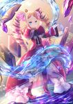  1girl artist_name bangs beatrice_(re:zero) blonde_hair blue_eyes book butterfly-shaped_pupils capelet commentary crystal dot_mouth drill_hair floating floating_book floating_object full_body hair_ribbon long_sleeves looking_at_viewer open_book parted_bangs pink_ribbon pom_pom_(clothes) re:zero_kara_hajimeru_isekai_seikatsu ribbon serious sidelocks solo standing standing_on_liquid striped striped_legwear symbol-shaped_pupils takuyarawr twin_drills twintails water wide_sleeves 