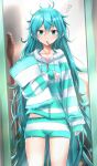  1girl absurdres blue_eyes blue_hair blue_nails blush breasts cowboy_shot expressionless guitar hair_between_eyes hand_on_own_chest hand_up hatsune_miku highres holding holding_pillow hood hood_down hooded_pajamas indoors instrument itogari long_hair long_sleeves looking_at_viewer messy_hair mouth_hold nail_polish pajamas pillow small_breasts solo striped striped_pajamas very_long_hair vocaloid zipper 