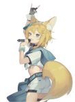  1girl :d \n/ absurdres ahoge animal_ear_fluff animal_ears arm_up ass belt black_choker black_gloves blonde_hair blue_eyes choker cowboy_shot crop_top cropped_jacket denpa_noise fang fingerless_gloves fox_ears fox_girl fox_tail from_behind gloves hachimitsu_purin hair_ornament hairclip hand_up highres holding holding_microphone hood hood_down hooded_jacket indie_virtual_youtuber jacket looking_at_viewer looking_back microphone midriff open_mouth sash shirt short_hair short_shorts short_sleeves shorts sideways_hat simple_background single_glove smile solo tail thigh_strap thighs undershirt virtual_youtuber visor_cap white_background white_jacket white_shirt white_shorts wrist_cuffs 