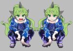  1girl :&lt; alternate_costume animal_ears bangs between_legs black_pants blue_jacket blue_shirt blush chamaruku clenched_hands clone closed_mouth cloud_print curly_hair fangs flame_print frown full_body geta gopnik green_eyes green_hair grey_background hand_between_legs highres horns jacket kariyushi_shirt komano_aun long_hair long_sleeves looking_at_viewer multiple_views open_mouth pants parted_bangs shirt short_sleeves single_horn solo squatting t-shirt tail toenail_polish touhou very_long_hair 