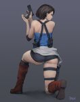  1girl ass back black_hair black_legwear black_skirt blue_eyes boots brown_footwear casual commentary elbow_pads english_commentary finger_on_trigger from_behind full_body grey_background gun handgun holding holding_gun holding_weapon holster jill_valentine knee_boots kneehighs looking_to_the_side miniskirt one_knee ozkh panties pantyshot pistol reloading resident_evil resident_evil_3 short_hair shoulder_holster skindentation skirt sleeveless solo strapless thigh_holster tubetop underwear weapon white_panties 