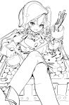  bangs breasts coin crossed_legs eyebrows_visible_through_hair greyscale hat highres hololive houshou_marine large_breasts looking_at_viewer lying monochrome mossi pirate pirate_hat sketch sleeves_past_wrists smile treasure_chest twintails virtual_youtuber 