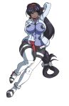 1girl aqua_eyes arm_behind_head black_gloves black_hair blush breasts brups_tv commission dark_skin dark-skinned_female floating gloves hairband high_heels highres large_breasts licking_lips long_hair low-tied_long_hair red_hairband senki_zesshou_symphogear senki_zesshou_symphogear_xv solo thick_thighs thighs tongue tongue_out vanessa_(symphogear) very_long_hair white_background 
