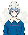  1girl ayanami_rei beanie blue_hair blue_shirt casual closed_mouth expressionless grey_headwear hat looking_at_viewer neon_genesis_evangelion red_eyes sankomichi shirt short_hair solo upper_body 