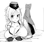  1girl akitaka_takaaki bra bra_peek breast_rest breasts closed_mouth full_body garrison_cap girls_frontline gloves greyscale half_gloves hat highres large_breasts looking_at_viewer lying monochrome mp40_(girls_frontline) on_stomach open_clothes open_shirt partially_unbuttoned short_hair sketch socks solo striped striped_legwear the_pose underwear vertical-striped_legwear vertical_stripes 