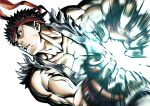  1boy black_hair buru-dai commentary_request dougi fingernails gloves hadouken headband high_contrast highres male_focus motion_blur muscle padded_gloves pectorals powering_up red_gloves red_headband ryu_(street_fighter) short_hair sleeveless solo spiky_hair street_fighter white_background 