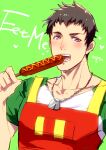  1boy alternate_costume apron blush brown_hair collarbone eating english_text hot_dog idolmaster idolmaster_side-m jewelry kiduguch looking_at_viewer male_focus necklace red_apron shingen_seiji short_hair simple_background solo upper_body violet_eyes 
