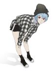  1girl ayanami_rei beanie bent_over black_footwear black_headwear black_legwear black_shorts casual checkered checkered_shirt from_side full_body grey_shirt hat highres long_sleeves looking_at_viewer neon_genesis_evangelion parted_lips red_eyes sankomichi shirt shoes short_shorts shorts simple_background socks solo white_background 