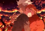 2boys archer blurry blurry_background burning carrying child closed_eyes dark_skin dark_skinned_male dirty embers emiya_shirou fate/stay_night fate_(series) from_side head_on_another&#039;s_shoulder holding holding_person k_gear_labo multiple_boys redhead time_paradox white_hair younger 