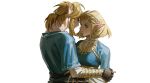  1boy 1girl bangs blonde_hair blue_eyes braid breasts couple earrings elf fingerless_gloves gloves green_eyes hair_ornament hairclip holding imminent_kiss jewelry link long_hair niteo07 open_mouth pointy_ears ponytail princess_zelda short_hair the_legend_of_zelda the_legend_of_zelda:_breath_of_the_wild tunic 