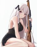  1girl artist_name bangs bare_arms bare_shoulders black_ribbon black_shirt black_skirt blush bolt_action breasts commentary_request eyebrows_visible_through_hair feet_out_of_frame girls_frontline gun hair_in_mouth hair_ribbon highres holding holding_gun holding_weapon iron_cross jewelry kar98k_(girls_frontline) keenh long_hair looking_at_viewer mauser_98 medium_breasts milestone_celebration necklace object_namesake parted_lips red_eyes ribbon rifle shirt signature simple_background sitting skirt sleeveless sleeveless_shirt solo very_long_hair wariza weapon white_background white_hair 