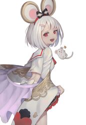  1girl animal_ears baddream black_eyes bow cheese fake_animal_ears falling food frills granblue_fantasy hair_ornament hairclip heart highres lifted_by_self looking_back mouse mouse_ears open_mouth red_eyes short_hair simple_background teeth tongue upper_teeth vikala_(granblue_fantasy) white_background white_bow white_hair 