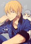  2boys bangs baseball_uniform blonde_hair blue_eyes blue_jacket blue_shirt blurry buttons chibi closed_mouth collarbone collared_jacket commentary_request dated depth_of_field earrings english_text grey_background grey_hair hair_between_eyes happy_birthday heart jacket jewelry kise_ryouta kuroko_no_basuke kuroko_tetsuya looking_at_viewer male_focus mashima_shima multiple_boys open_clothes open_jacket shirt short_hair smile solo_focus sportswear star_(symbol) translation_request twitter_username upper_body yellow_eyes 